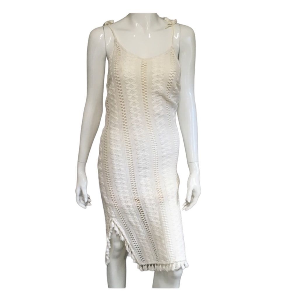 Reserved Womens Crochet Tasseled Trim W/ Slit Dress Cover Up Off White XS
